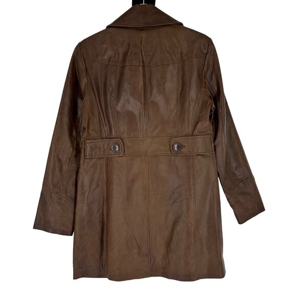 A.N.A Vintage Chocolate Brown Genuine Leather Button Front Mid Length Coat Sz M - Picture 2 of 7